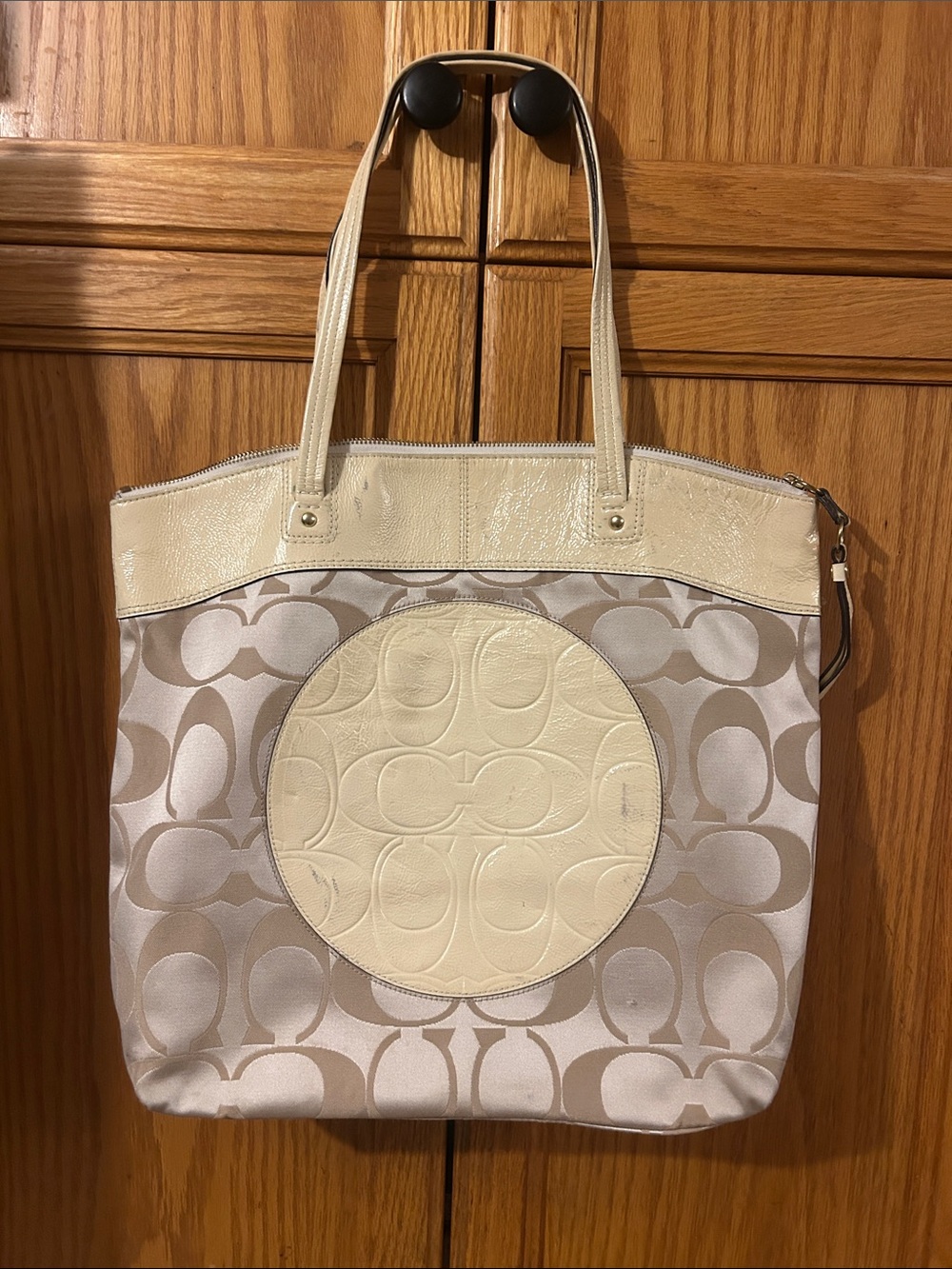 Coach Laura Light Khaki and White Signature Logo Tote